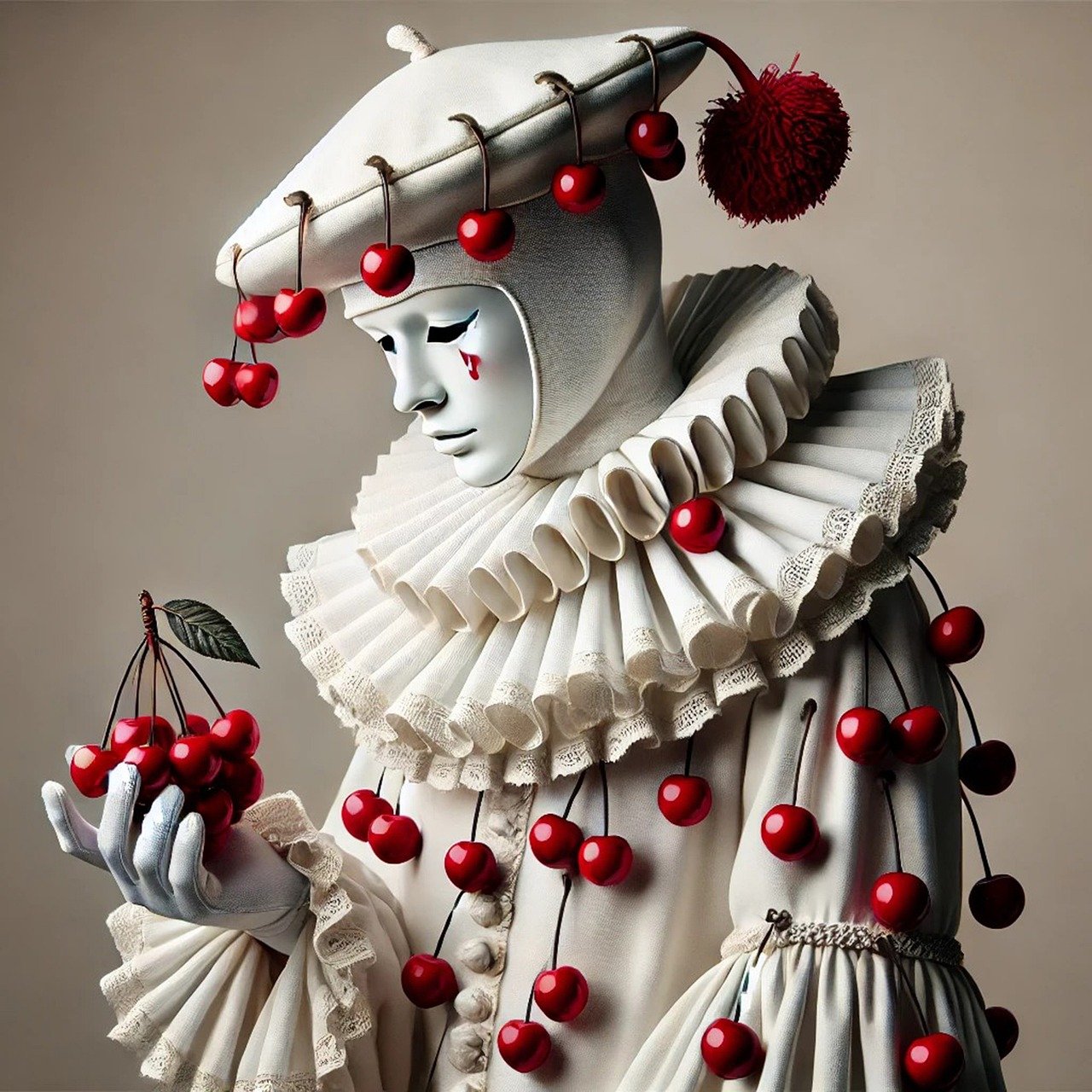 pierrot, white, cherries